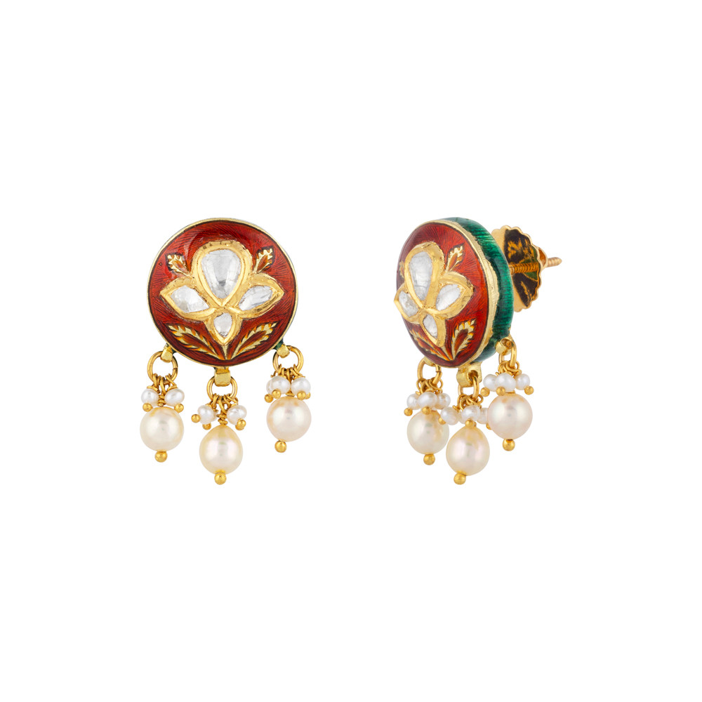 Round Polki Earrings with Red Enamel and Pearl Clusters